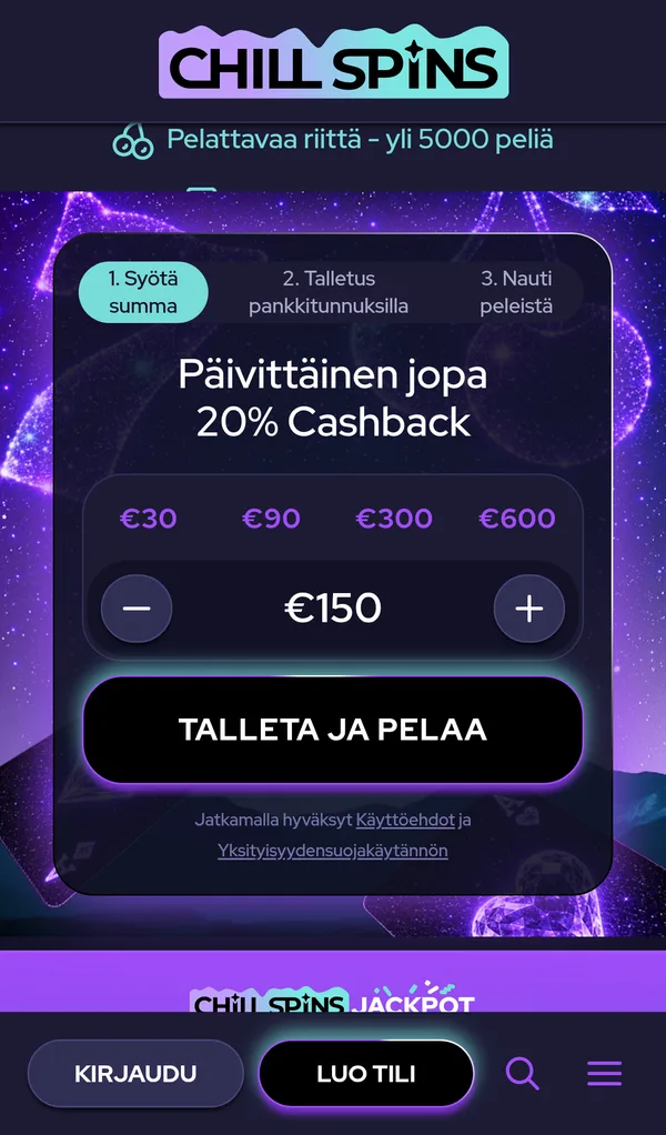 Chill Spins: etusivun lomake - «Talletus pankkitunnuksilla»