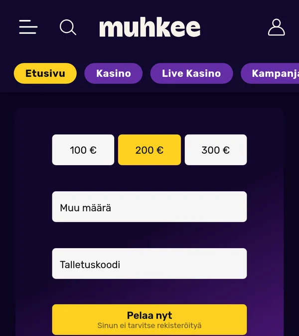 Muhkee: etusivun talletuslomake - «Pelaa nyt - Sinun ei tarvitse rekisteröityä»