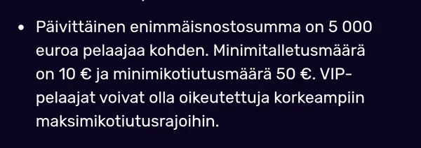 Muhkee: bonussäännöt - nostoraja 5 000 € päivässä, minimitalletus 10 €, minimikotiutus 50 €