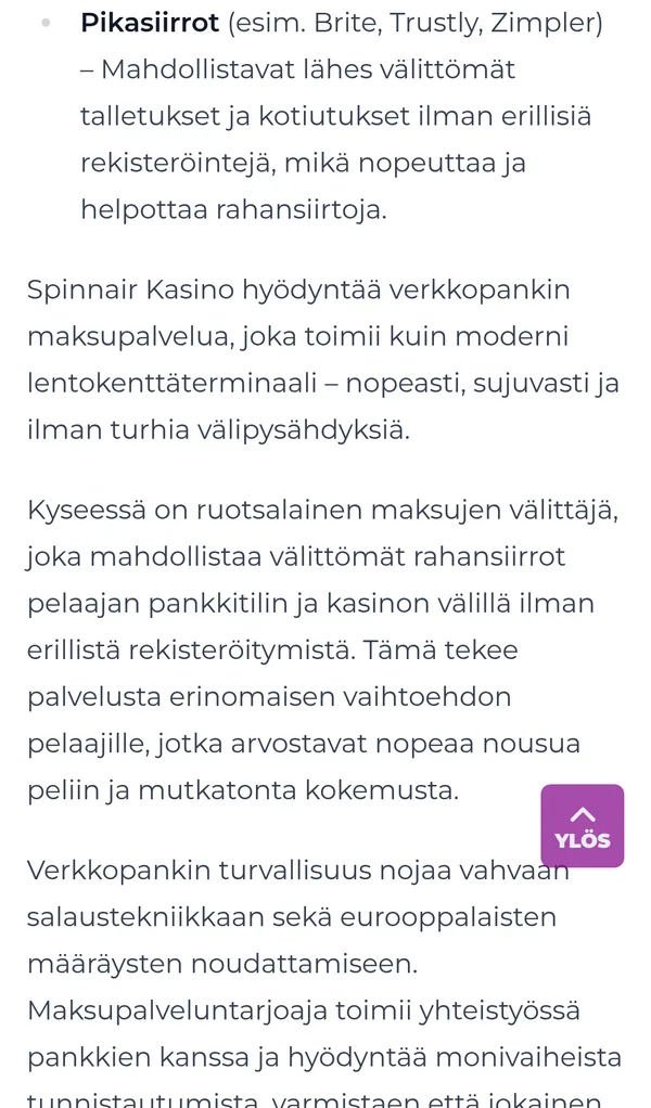 Spinnair: maksutapasivu - Brite, Trustly ja Zimpler